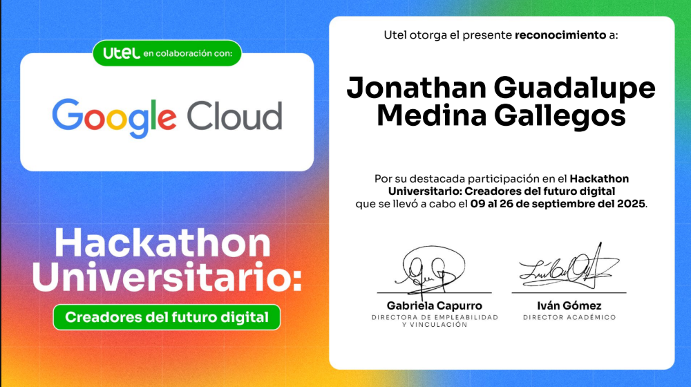 Reconocimiento Hackathon UTEL x Google Cloud